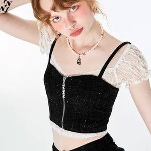 Zipped tweed vest cami crop top